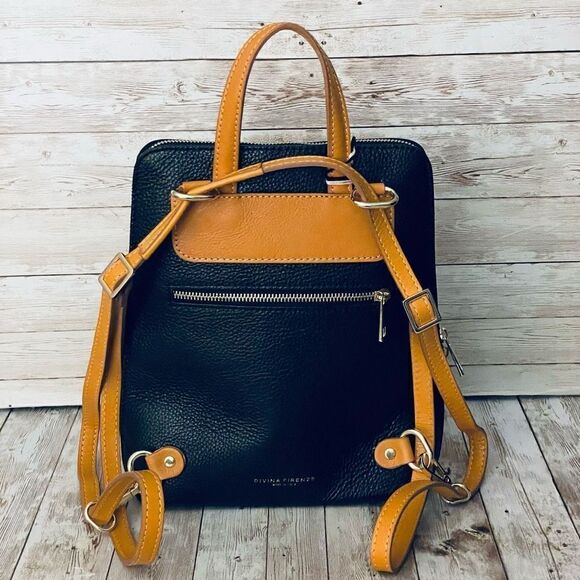 NWT DIVINA FIRENZE Black Tan Pebbled Italian Leather Convertible Backpack Bag main image 5